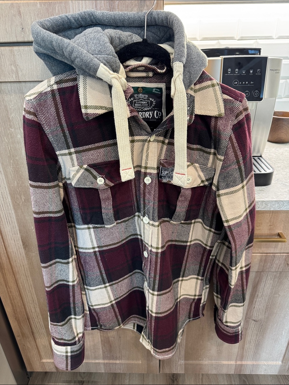 Superdry Men's Burgundy and Gray Plaid Hooded Shirt Jacket